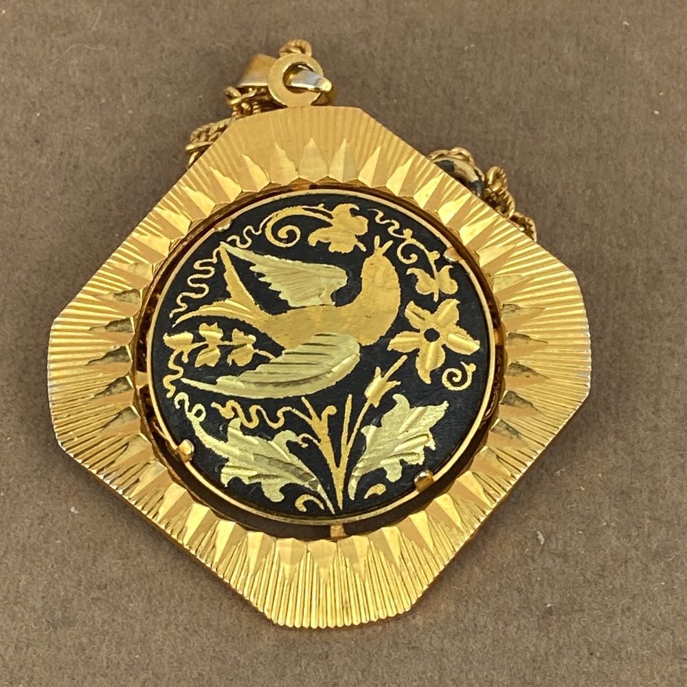 Vintage 1970s Damascene Pendant and Chain Gold Tone Bird